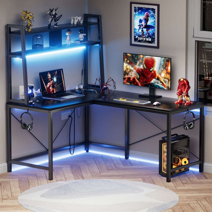 Black L Shaped Gaming Desk with Led Lights