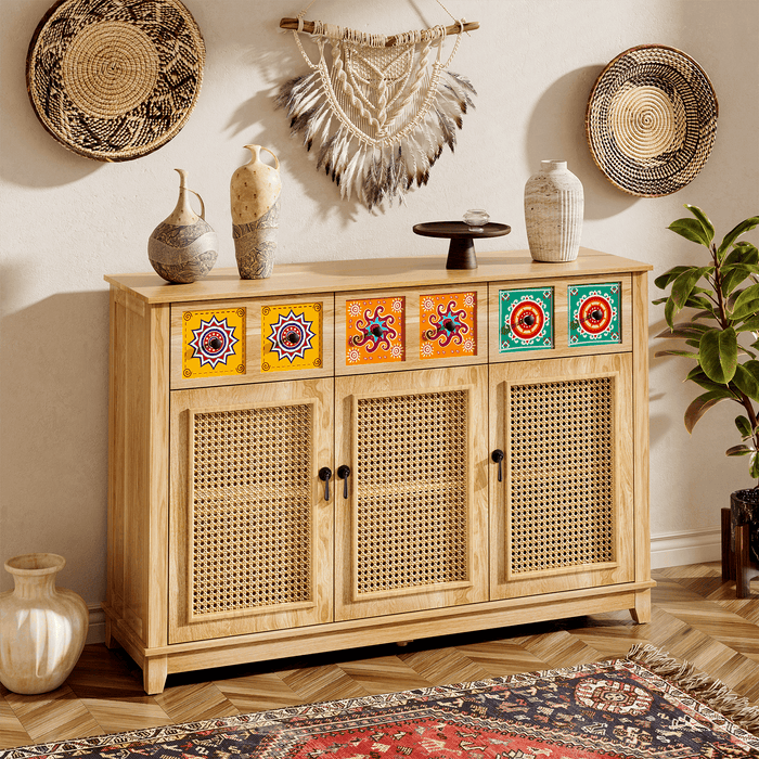 Wood Credenza with Rattan Doors