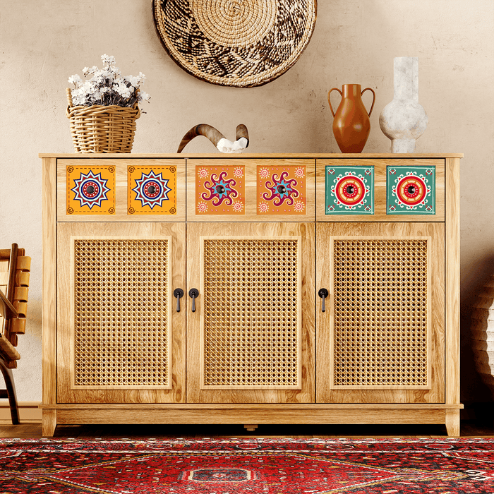 Wood Credenza with Rattan Doors
