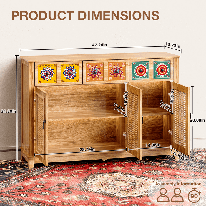Wood Credenza with Rattan Doors