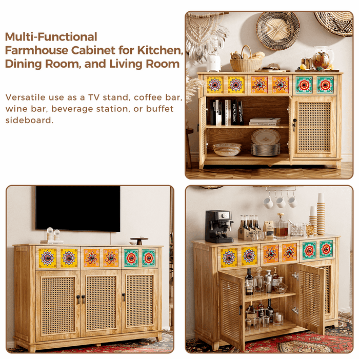 Wood Credenza with Rattan Doors