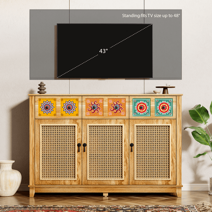 Wood Credenza with Rattan Doors