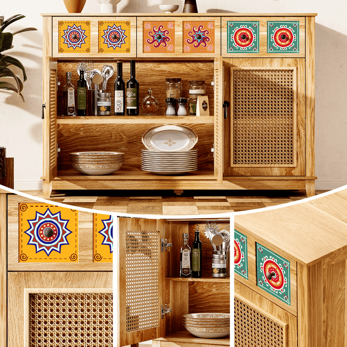Wood Credenza with Rattan Doors