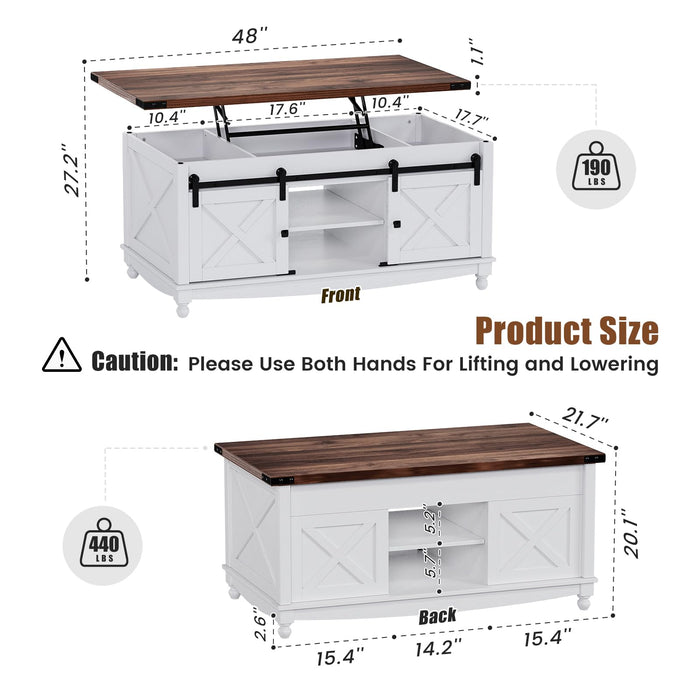 Flycity 48" Farmhouse Lift Top Coffee Table with Storage Sliding Barn Door