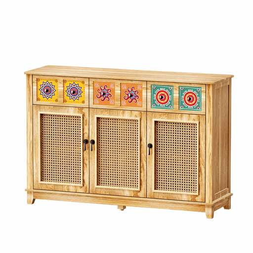 Wood Credenza with Rattan Doors