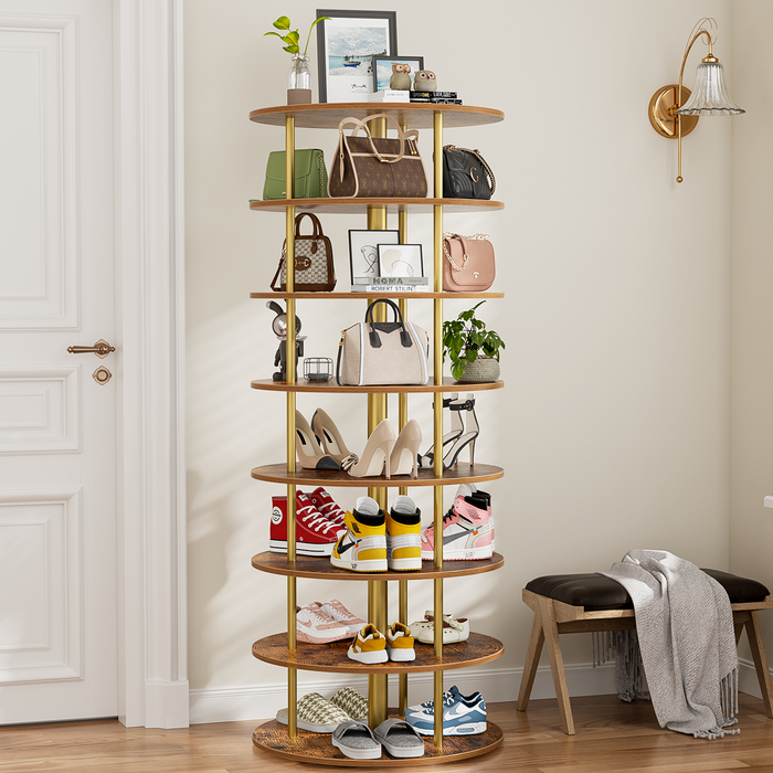 Rustic rotating shoe rack tower