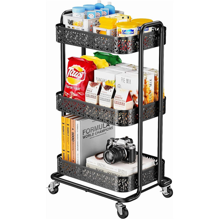 Flycity 3 Tier Utility Rolling Cart Organizer, Heavy Duty Metal Rolling Carts With Wheels, Multifunctional Rolling Storage Cart, Easy Assembly For Kitchen, Office, Bathroom