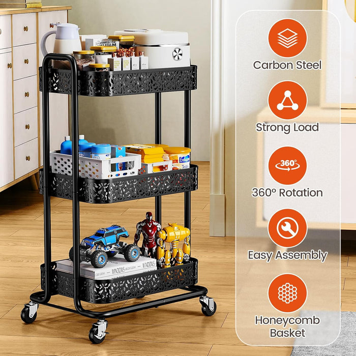 Flycity 3 Tier Utility Rolling Cart Organizer, Heavy Duty Metal Rolling Carts With Wheels, Multifunctional Rolling Storage Cart, Easy Assembly For Kitchen, Office, Bathroom