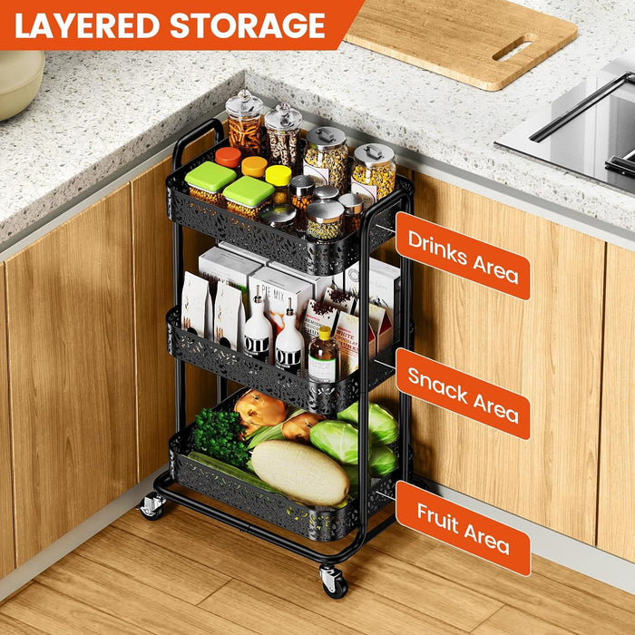 Flycity 3 Tier Utility Rolling Cart Organizer, Heavy Duty Metal Rolling Carts With Wheels, Multifunctional Rolling Storage Cart, Easy Assembly For Kitchen, Office, Bathroom