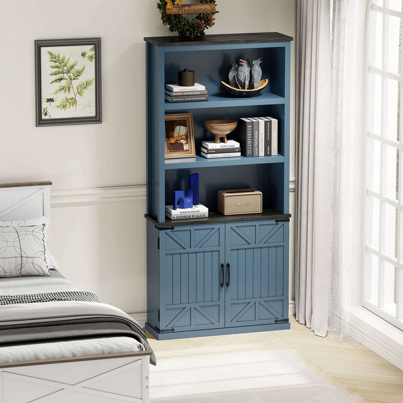 Blue Farmhouse Bookcase in Bedroom