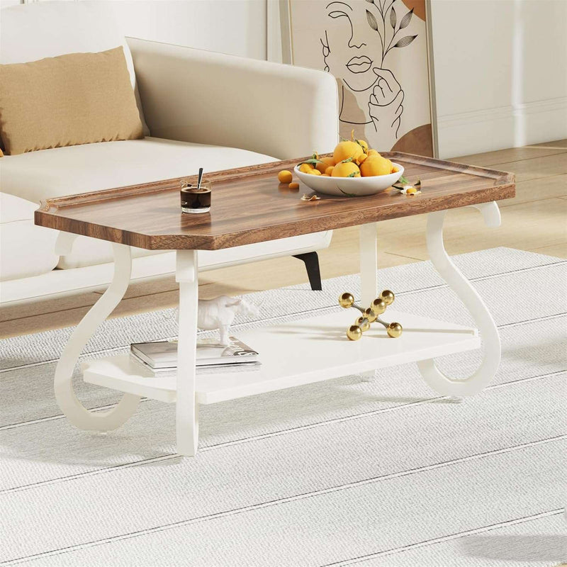 Flycity French Country Coffee Table, Living Room Wood Rectangle Vintage White Coffee Tables for