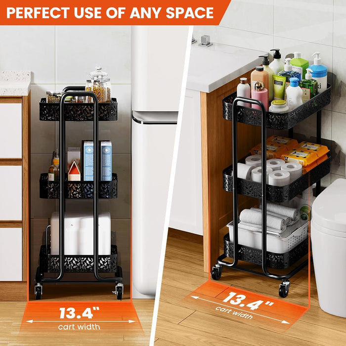 Flycity 3 Tier Utility Rolling Cart Organizer, Heavy Duty Metal Rolling Carts With Wheels, Multifunctional Rolling Storage Cart, Easy Assembly For Kitchen, Office, Bathroom