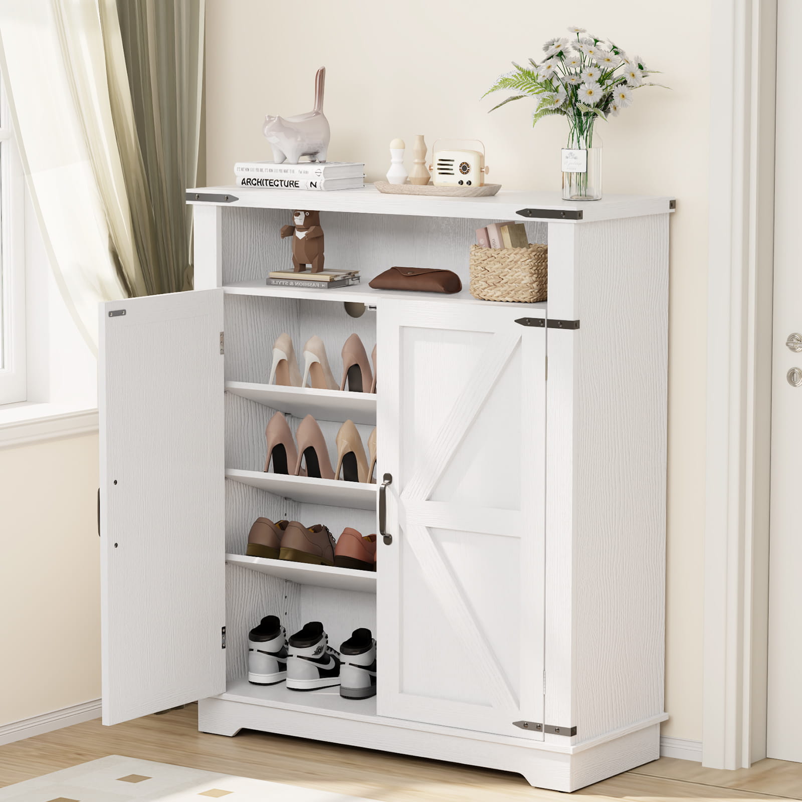 The Fly Tier's Benchside Reference (美品) Farmhouse Shoe Cabinet​ - White Shoe Storage Cabinet​ - Flycity