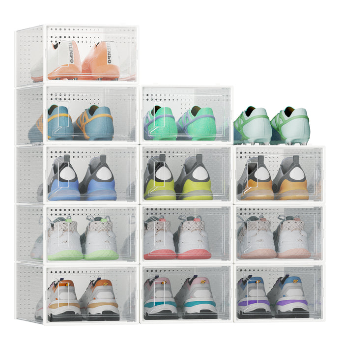 Flycity 12 Pack Clear Plastic Shoe Boxes, Stackable Shoe Storage Organizer, Space-Saving Shoe Rack For High Heels Broques Sneakers Flip-Flops