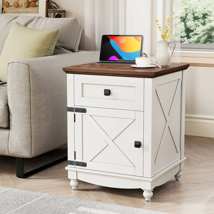 Flycity End Table with Drawers and Storage Cabinet, 19 Inch Bedside Table with Adjustable Shelf, Wood Nightstand with Door, Side Table for Living Room Bedroom Office, 1 Door