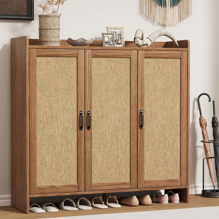 Flycity Rattan Shoe Storage Cabinet, 6 Tiers Shoe Rack With 3 Doors, Freestanding Shoe Organizer With Adjustable Shelves For Entryway Hallway, Beige