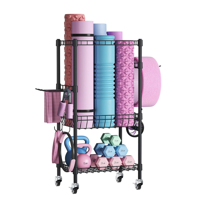 Flycity 3 Tier Yoga Mat Storage Rack, Home Gym Organizer Holder, Gym Equipment Storage Cart With Wheels And Hooks For Home Exercise And Fitness Gear, Black