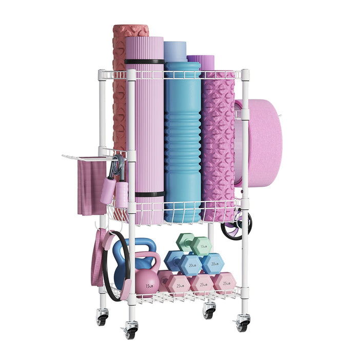 Flycity 4 Tier Yoga Mat Storage Rack, Home Gym Organizer Holder, Gym Equipment Storage Cart With Wheels And Hooks For Home Exercise And Fitness Gear, White
