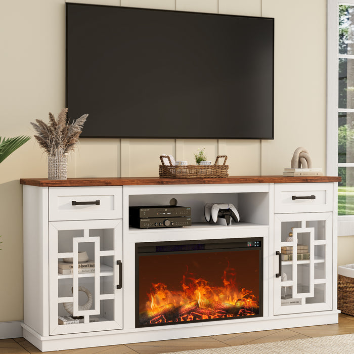 Flycity Fireplace Tv Stand For Tvs Up To 80", Farmhouse 70" Fireplace Entertainment Center With Storage Cabinets And Adjustable Shelves, Rustic Media Console