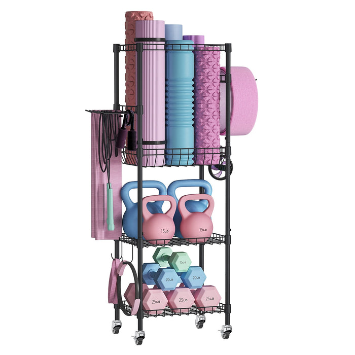 Flycity 4 Tier Yoga Mat Storage Rack, Home Gym Organizer Holder, Gym Equipment Storage Cart With Wheels And Hooks For Home Exercise And Fitness Gear, Black