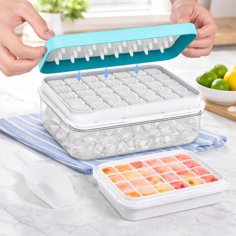 Flycity Stackable Ice Cube Tray Set with Lid and Bin – 64/96 Cubes