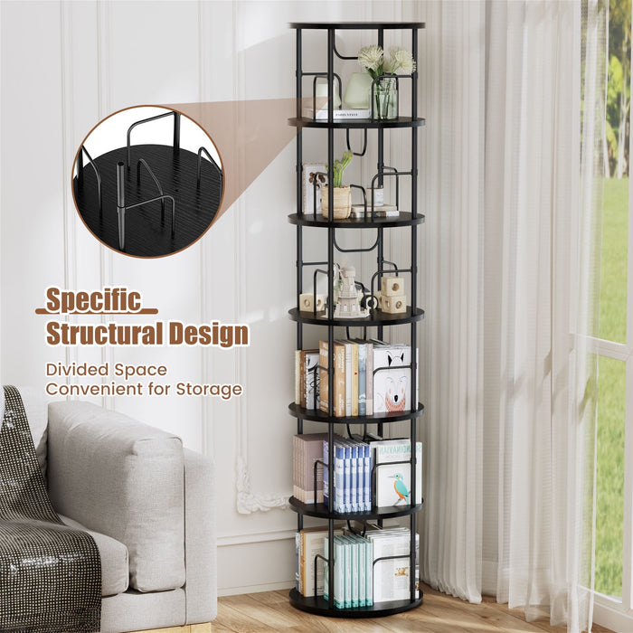 Flycity 6 Tier Rotating Bookshelf, 360° Display Rotating Bookcase Corner Storage Rack With Special Visible Partition Storage, Black