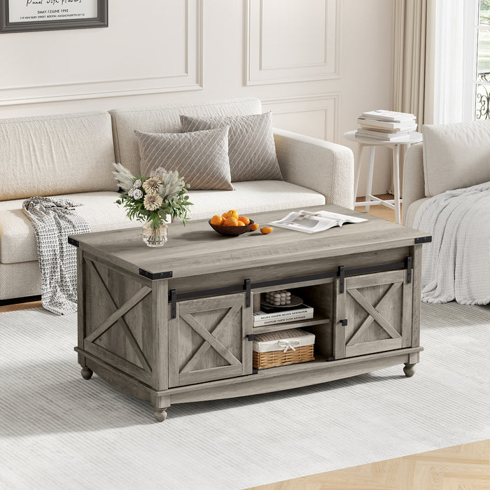 Flycity 48" Farmhouse Lift Top Coffee Table With Storage Sliding Barn Door, Pull Up Coffee Table With Hidden Compartment For Living Room Bedroom, Gray