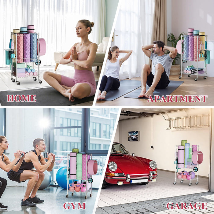 Flycity 4 Tier Yoga Mat Storage Rack, Home Gym Organizer Holder, Gym Equipment Storage Cart With Wheels And Hooks For Home Exercise And Fitness Gear, White