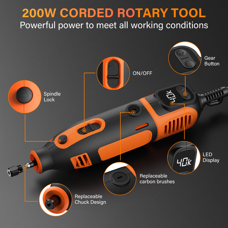 Flycity 200W Corded Rotary Tool Kit With Variable Speed Control