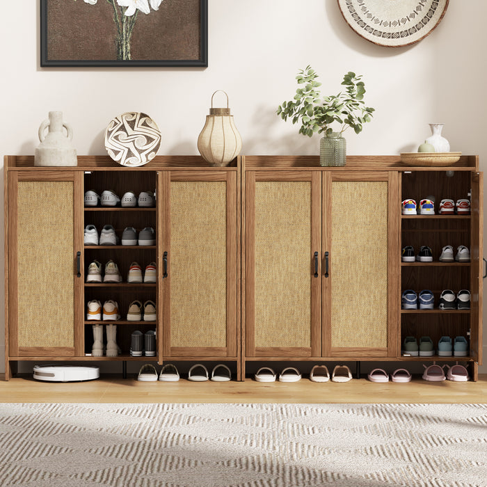 Flycity Rattan Shoe Storage Cabinet, 6 Tiers Shoe Rack With 3 Doors, Freestanding Shoe Organizer With Adjustable Shelves For Entryway Hallway, Beige