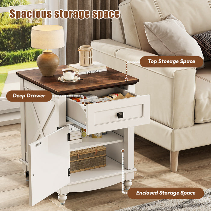 Flycity End Table with Drawers and Storage Cabinet, 19 Inch Bedside Table with Adjustable Shelf, Wood Nightstand with Door, Side Table for Living Room Bedroom Office, 1 Door