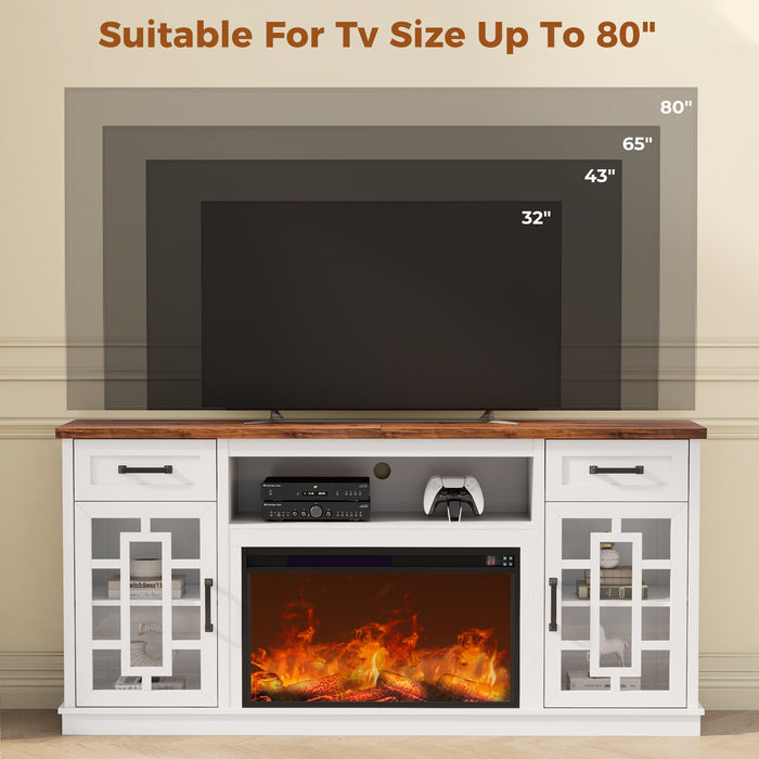Flycity Fireplace Tv Stand For Tvs Up To 80", Farmhouse 70" Fireplace Entertainment Center With Storage Cabinets And Adjustable Shelves, Rustic Media Console