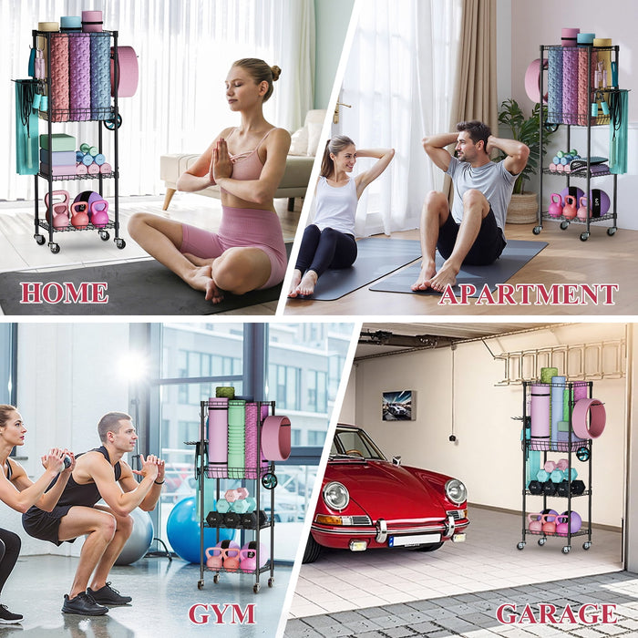Flycity 4 Tier Yoga Mat Storage Rack, Home Gym Organizer Holder, Gym Equipment Storage Cart With Wheels And Hooks For Home Exercise And Fitness Gear, Black