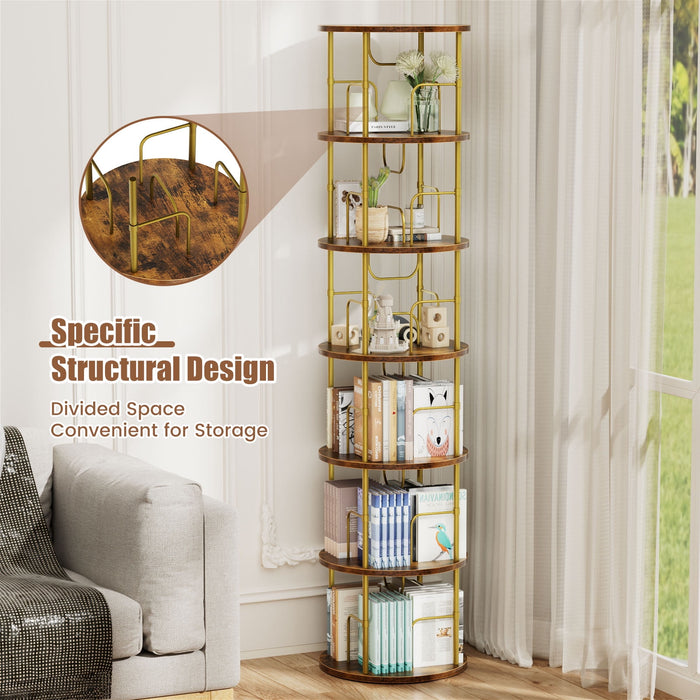 Flycity 6 Tier Rotating Bookshelf, 360° Display Rotating Bookcase Corner Storage Rack With Special Visible Partition Storage, Gold
