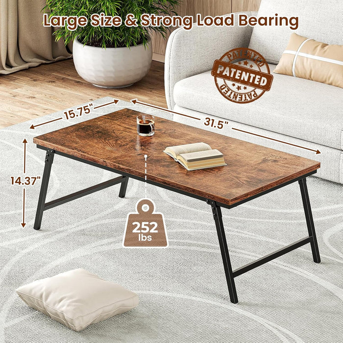 Flycity No Assembly Mini Folding Coffee Table, Leg Latches Portable Sturdy Floor Table Desk for Sitting on The Floor, Low Coffee Table for Living Room, Home, Office, Rustic Brown, 31.5"×15.75"×14.37"