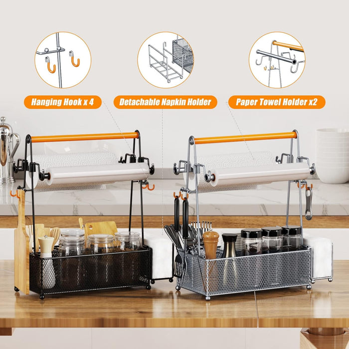 Flycity Grill Caddy, Silverware Caddy Condiment Caddy, Utensil Holder For Party, Picnic Flatware Caddy With Handle And Paper Towel Roll Holders, Utensil Cutlery Caddy For Camping, Kitchen(Silver)