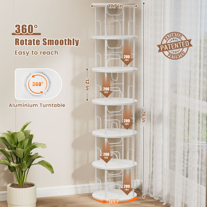 Flycity 6 Tier Rotating Bookshelf, 360° Display Rotating Bookcase Corner Storage Rack With Special Visible Partition Storage, White
