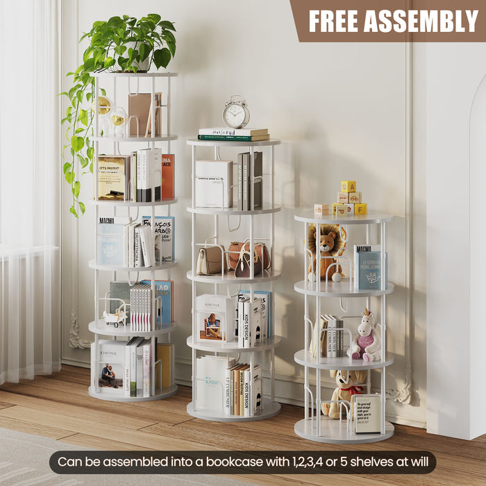 Flycity 5 Tier Rotating Bookshelf, 360° Display Rotating Bookcase Corner Storage Rack With Special Visible Partition Storage, White