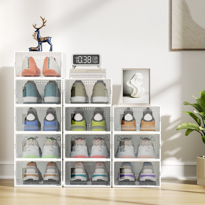 Flycity 12 Pack Clear Plastic Shoe Boxes, Stackable Shoe Storage Organizer, Space-Saving Shoe Rack For High Heels Broques Sneakers Flip-Flops