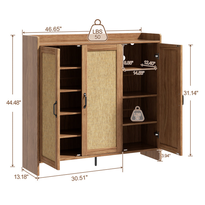 Flycity Rattan Shoe Storage Cabinet, 6 Tiers Shoe Rack With 3 Doors, Freestanding Shoe Organizer With Adjustable Shelves For Entryway Hallway, Beige