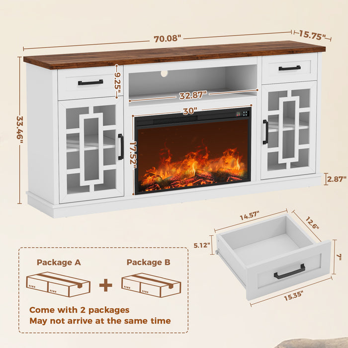 Flycity Fireplace Tv Stand For Tvs Up To 80", Farmhouse 70" Fireplace Entertainment Center With Storage Cabinets And Adjustable Shelves, Rustic Media Console