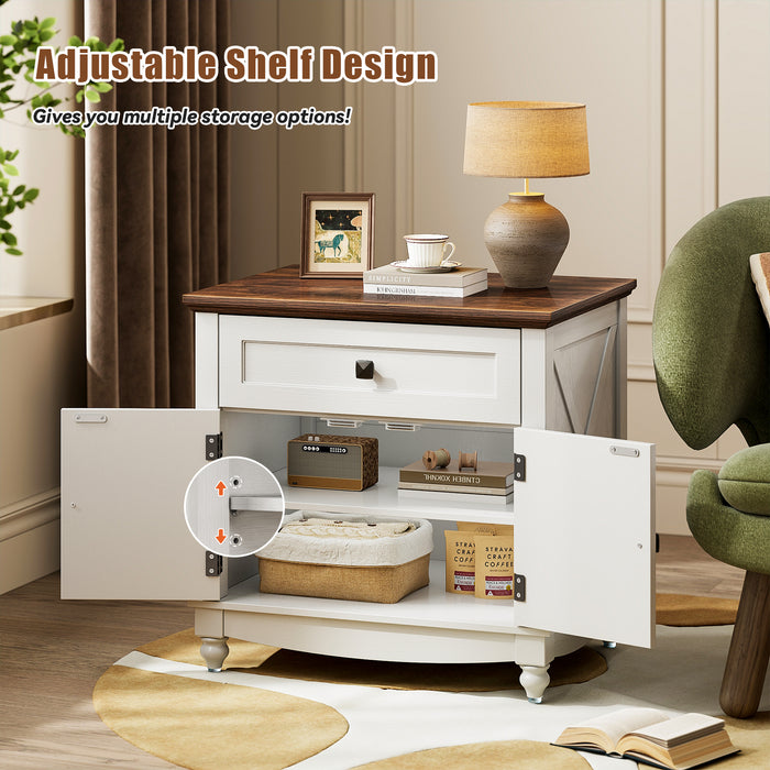 Flycity End Table With Drawers And Storage Cabinet, 25 Inch Bedside Table With Adjustable Shelf, Wood Nightstand With Door, Side Table For Living Room Bedroom Office, 2 Doors