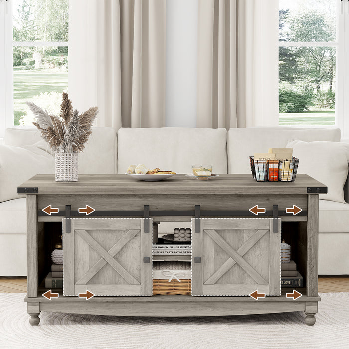 Flycity 48" Farmhouse Lift Top Coffee Table With Storage Sliding Barn Door, Pull Up Coffee Table With Hidden Compartment For Living Room Bedroom, Gray