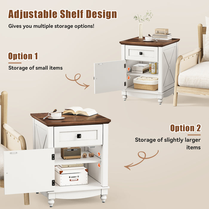 Flycity End Table with Drawers and Storage Cabinet, 19 Inch Bedside Table with Adjustable Shelf, Wood Nightstand with Door, Side Table for Living Room Bedroom Office, 1 Door