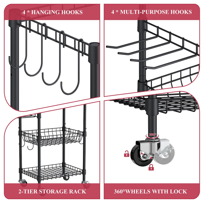 Flycity 3 Tier Yoga Mat Storage Rack, Home Gym Organizer Holder, Gym Equipment Storage Cart With Wheels And Hooks For Home Exercise And Fitness Gear, Black