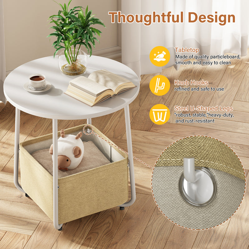 Flycity Round Side End Table With Fabric Basket Modern Nightstand