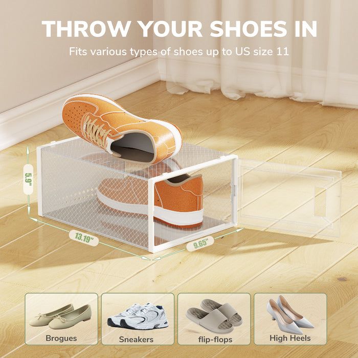 Flycity 12 Pack Clear Plastic Shoe Boxes, Stackable Shoe Storage Organizer, Space-Saving Shoe Rack For High Heels Broques Sneakers Flip-Flops