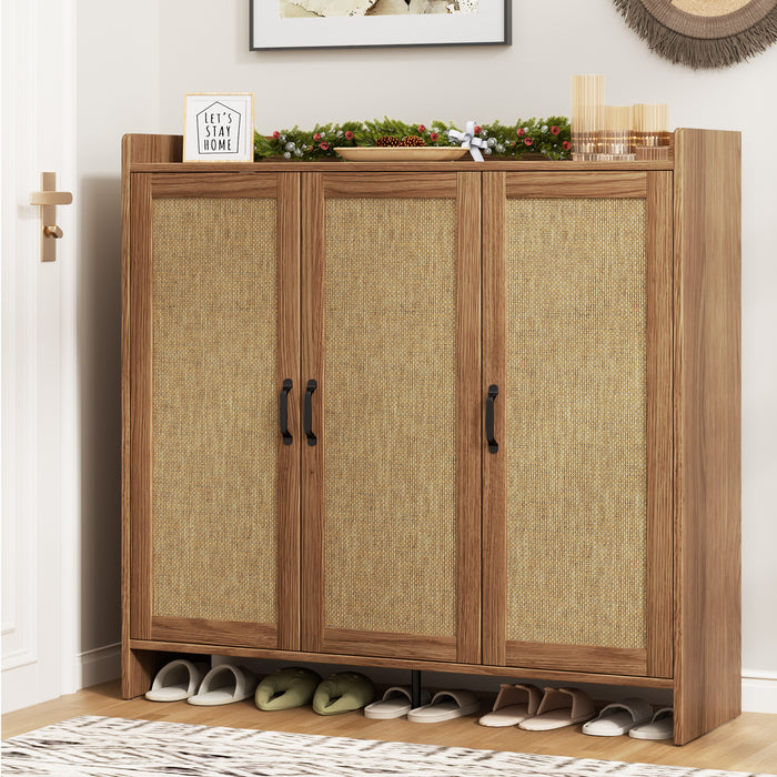 Flycity Rattan Shoe Storage Cabinet, 6 Tiers Shoe Rack With 3 Doors, Freestanding Shoe Organizer With Adjustable Shelves For Entryway Hallway, Beige