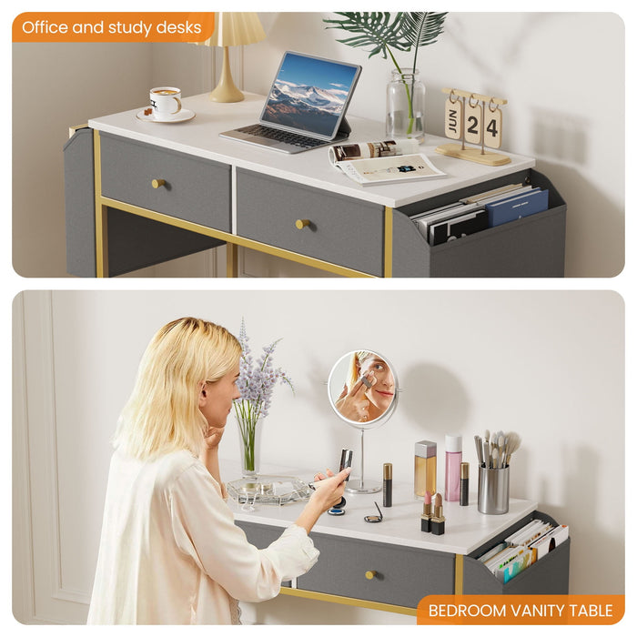 Flycity Small Desk With Fabric Drawers & Storage Bags, Home Office Computer Desk, Vanity Desk With Storage For Bedroom, Work Writing Study Table