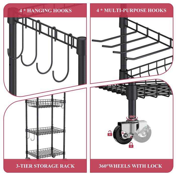 Flycity 4 Tier Yoga Mat Storage Rack, Home Gym Organizer Holder, Gym Equipment Storage Cart With Wheels And Hooks For Home Exercise And Fitness Gear, Black